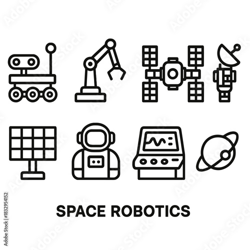 Space Robotics Icons. Space Robotics linear icon set. robot unit, mechanical arm, space station, satellite, solar panel, astronaut suit, command console, orbit symbol