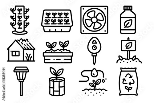 Sustainable Gardening Icons. Sustainable Urban Gardening linear icon set: hydroponic tower, seed starter kit, air vent fan, nutrient solution bottle, green roof, vegetable patch