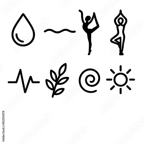 Serenity Icon Set. Wellness Flow linear icon set. water droplet, gentle wave, dancer silhouette, tree pose, heartbeat, leaf sprig, energy swirl, sunbeam