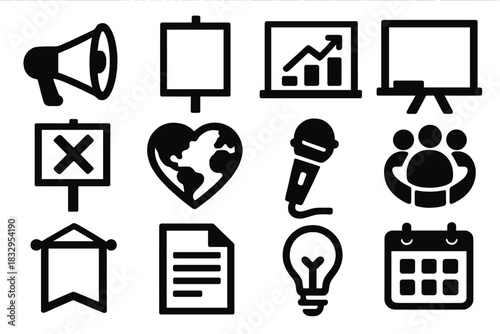 Bold Advocacy Icons. Education and advocacy silhouette icon set. megaphone, poster, chart, classroom board, protest sign, heart earth, microphone, group circle, banner, document