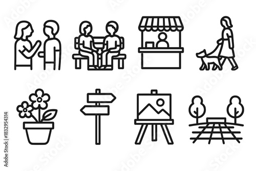 Community Icon Set. Community Spaces linear icon set. people chatting, park bench, food stand, dog walker, flower pot, signpost, art wall, open plaza