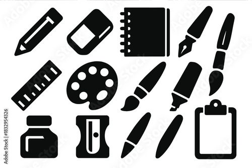 Brutalist Art Supplies Icons. Art essentials silhouette icon set. pencil, eraser, sketchbook, pen, ruler, color palette, brush, marker, inkwell, sharpener, smudge stick, clipboard