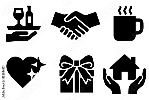 Warm Hospitality Icons. Warm Hospitality Icons silhouette icon set. tray with drink, handshake, open arms, coffee mug, heart sparkle, ribbon bow, gift, welcoming home