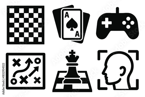 Game Strategy Icons. Game Strategy silhouette icon set: chessboard, playing cards, controller, tactical map, winning move, player focus