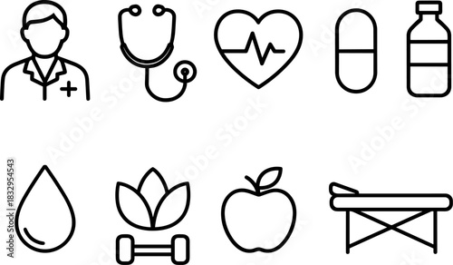 Healthcare and wellness icons set. Medical doctor, fitness, healthy lifestyle, outline vector symbols