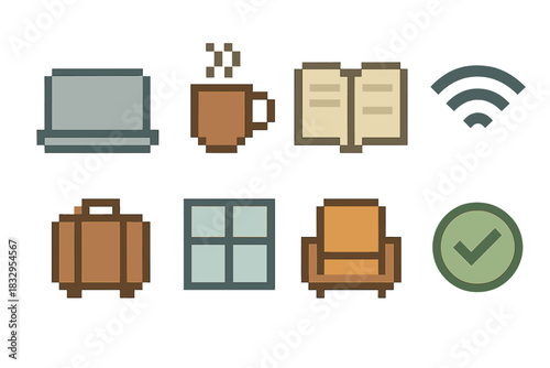 Digital Nomad Icons. Digital Nomad Flow pixel style icon set: laptop shape, coffee mug steam, open notebook, soft Wi-Fi arc, suitcase form, window light, comfy chair, task