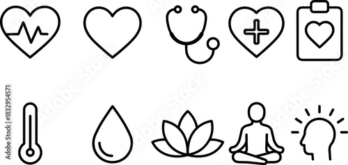 Healthcare and wellness icons set. Medical doctor, fitness, healthy lifestyle, outline vector symbols