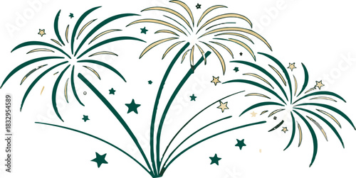 Colorful holiday fireworks explosion, bright sparkling effects, clean high-resolution vector style, no background.