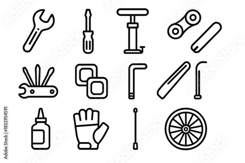 Cycling Tools Icons. Cycling Tools linear icon set: wrench, screwdriver, tire pump, chain link, multitool, patch kit, hex key, tire lever, oil bottle, glove, spoke, wheel