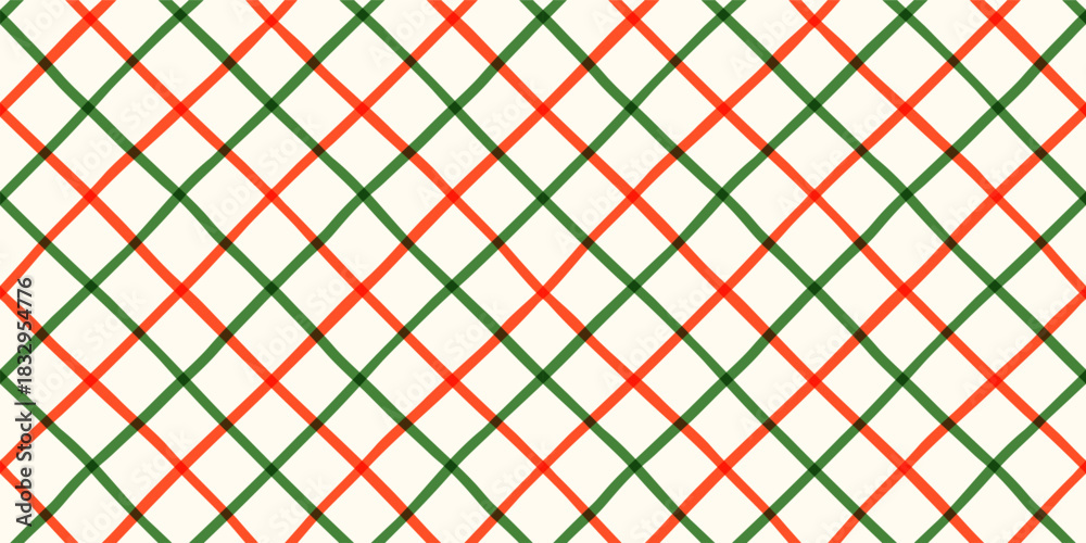Fototapeta premium Red and green check, diagonal grid vector seamless pattern, cute background for Christmas designs