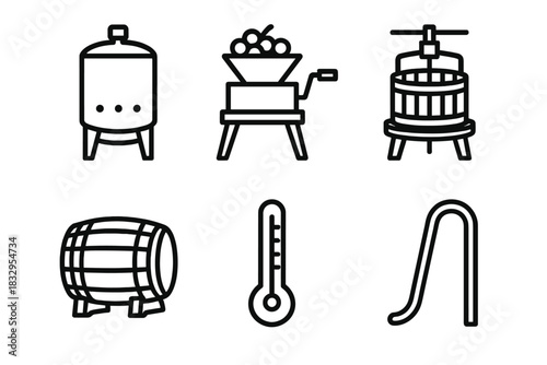 Wine Production Icons. Wine Production Set linear icon set: fermentation tank, crusher, press, oak barrel, thermometer, siphon tube