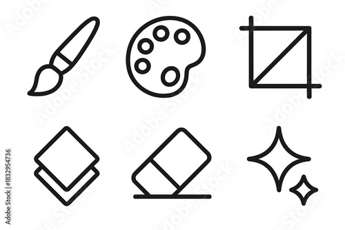 Digital Art Tools. Creative Retouching linear icon set: brush, color palette, crop tool, layer icon, eraser, sparkle