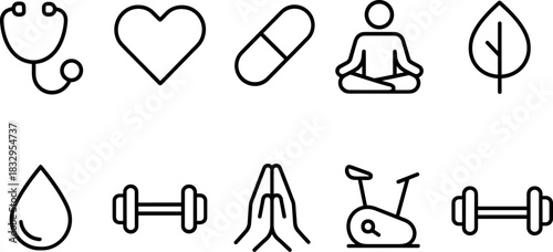 Healthcare and wellness icons set. Medical doctor, fitness, healthy lifestyle, outline vector symbols