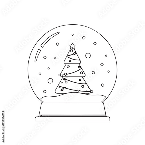 Snow globe featuring a Christmas tree under falling snow with a decorative base.