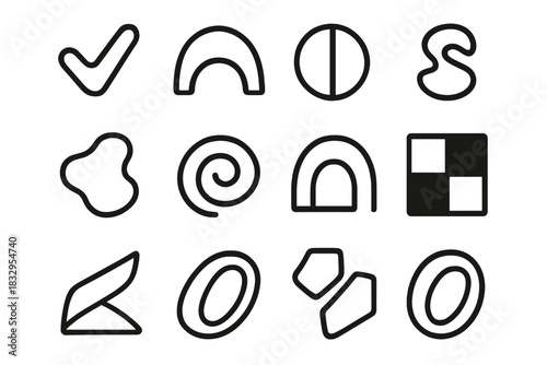 Abstract Icon Set. Abstract Concept Set linear icon set: conceptual mark, symbolic arc, parted circle, dual tone shape, contour line, organic blob, geometric swirl, offset curve