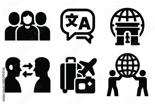 Bold Cultural Icons. Cultural Exchange silhouette icon set. world people icons, translation bubble, landmark globe, conversation arrows, travel icons, global collaboration.
