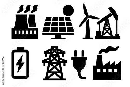 Brutalist Energy Icons. Energy Infrastructure silhouette icon set. power plant, solar panel, wind turbine, oil rig, battery, transmission tower, plug, factory.