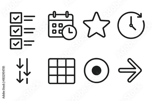 Iconic Task Management. Task Prioritization linear icon set: checklist tiers, time block icon, high-priority star, deadline clock, sequence arrows, workload grid, focus dot, action
