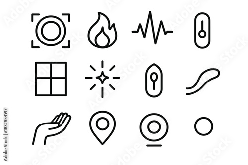 Motivational Icon Set. Drive & Engagement Icons linear icon set: focus lens, engagement flame, effort pulse, opportunity window, curiosity spark, activation switch, determination