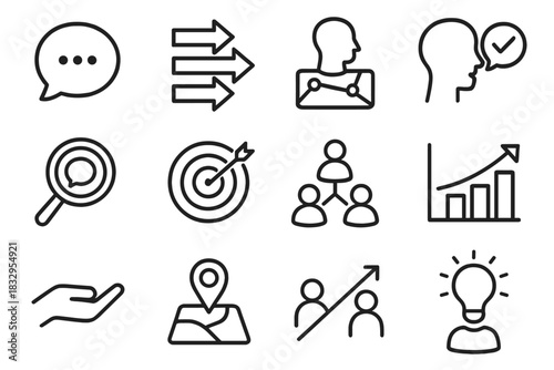 Workplace Understanding Icons. Workplace Understanding Icons linear icon set: clear communication bubble, aligned workflow arrows, role clarity map, constructive tone icon