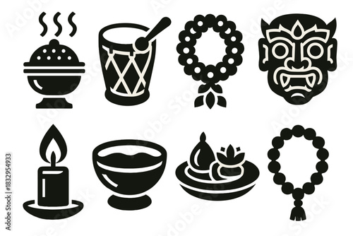 Cultural Ceremony Icons. Cultural Ceremonies silhouette icon set: incense burner, ceremonial drum, flower garland, traditional mask, candle flame, sacred bowl, offering plate