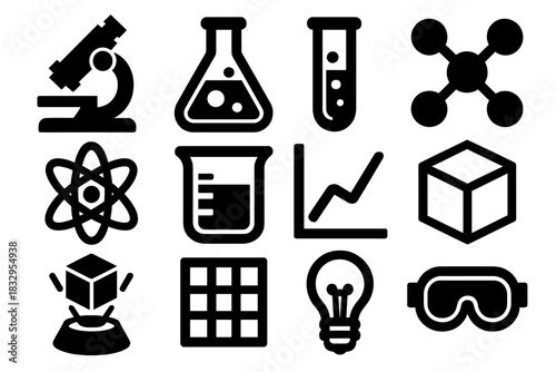 Bold Laboratory Icons. Scientific Laboratory silhouette icon set. microscope, lab flask, test tube, molecular model, atom, beaker, graph chart, 3D cube, hologram, data grid, light