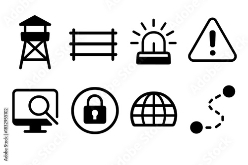 Environmental Security Icons. Environmental Security Icons linear icon set: watchtower, perimeter fence, beacon light, alert triangle, path monitor, secure zone marker, horizon