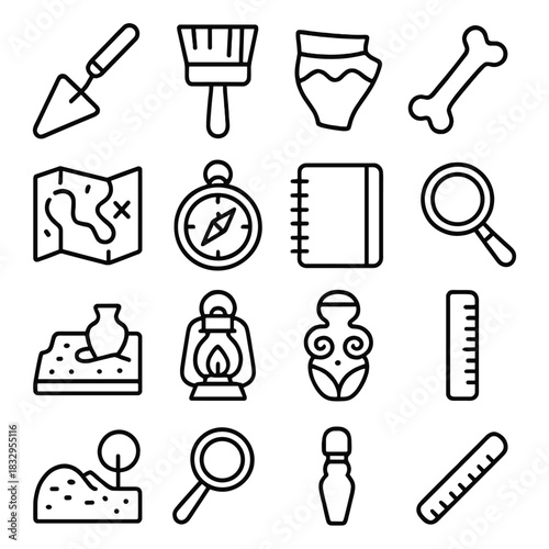 Archaeological Tools Icons. Archaeological studies linear icon set: trowel, brush, pottery shard, bone, map, compass, notebook, magnifying glass, excavation site, lantern, artifact