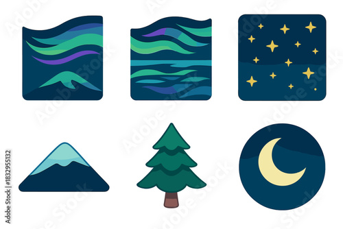 Isometric Northern Lights. Northern Lights Scene flat icons set. sky waves, reflection on ice, starscape, hill, pine, moonlight