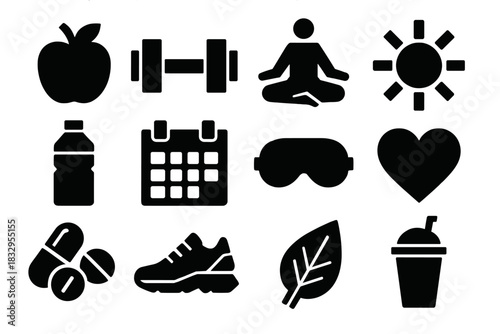 Wellness Icon Set. Wellness Prevention silhouette icon set: apple, dumbbell, yoga pose, sun, water bottle, calendar, sleep mask, heart, vitamins, sneakers, leaf, smoothie