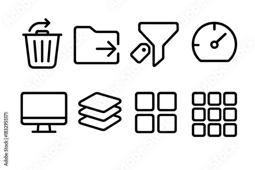 Digital Organization Icons. Digital Cleanup linear icon set: file bin icon, streamlined folder, removal arrow, tag filter, storage gauge, clean desktop shape, sorted stack, tidy
