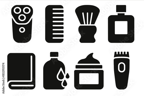 Brutalist Men's Grooming Icons. Men’s Grooming silhouette icon set. electric razor, beard comb, shaving brush, cologne bottle, face towel, aftershave splash, hair gel jar, trimmer