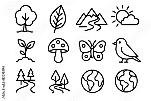 Outline Nature Icons. Natural Forests linear icon set. tree, leaf, mountain, river, sun, cloud, plant, mushroom, butterfly, bird, forest trail, globe
