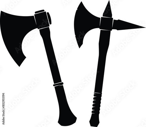 Two black axe silhouettes isolated on white background