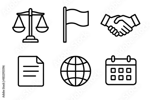 Diplomacy Icon Set. Political diplomacy linear icon set. scales, flag, handshake, document paper, globe, calendar.