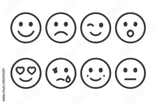 Expressive Face Icons. Expression Essentials linear icon set: smile face, frown, wink, surprised face, heart eyes, tear, blush, neutral face