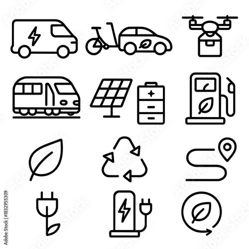 Sustainable Transportation Icons. Sustainable transportation linear icon set. electric van, cargo bike, hybrid car, drone delivery, train, solar array, battery pack, green fuel