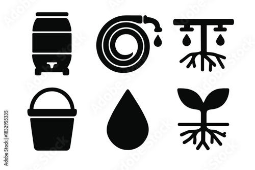Bold Water Conservation Icons. Water Conservation silhouette icon set: rain barrel, hose, drip system, bucket, droplet, plant roots