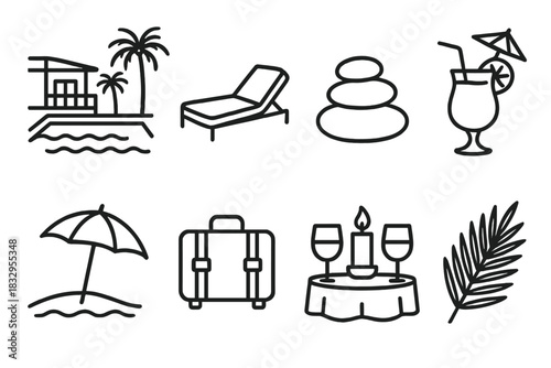 Luxury Resort Icons. Luxury Resort Retreat linear icon set. infinity pool, sun lounger, spa stones, tropical cocktail, beach umbrella, suitcase, candlelight dinner, palm leaf