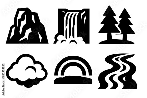 Brutalist Waterfall Icons. Mountain Waterfall silhouette icon set. rocky cliff, falling stream, pine trees, mist cloud, rainbow arc, flowing river.