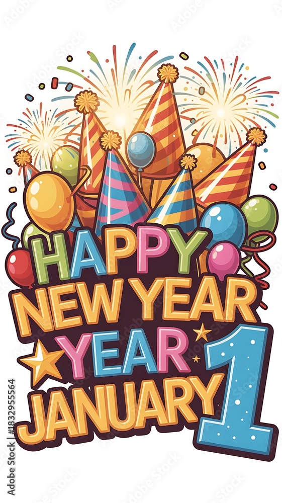 Fototapeta premium Festive Happy New Year celebration with colorful party hats and fireworks Illustration
