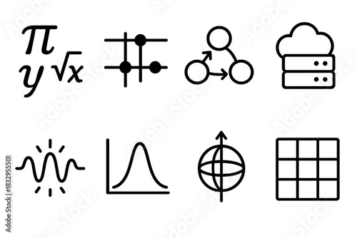 Quantum Circuit Icons. Quantum Algorithms linear icon set. math symbols, quantum circuit, data flow, matrix grid, cloud server, energy pulse, probability graph, rotating qubit