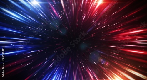 A vibrant, colorful starburst with red and blue hues, creating a dynamic and energetic visual effect.