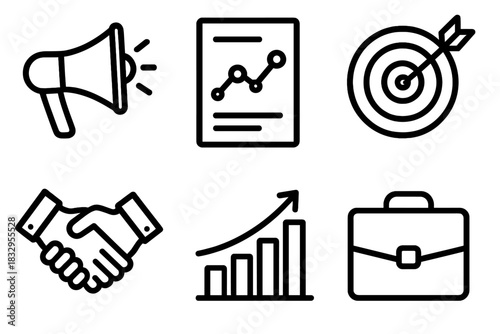Sales Icon Set. Sales pitch linear icon set. megaphone, document chart, target board, handshake, bar graph, briefcase.