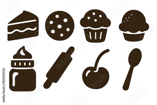 Cozy Dessert Icons. Cozy Desserts silhouette icon set: chocolate cake, cookie, muffin, ice cream scoop, whipped cream jar, rolling pin, cherry topping, spoon