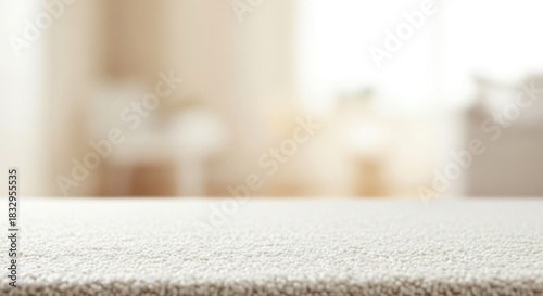 A white carpet with a blurred background of a living room.