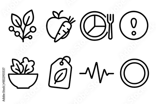 Healthy Eating Icons. Healthy Eating Awareness linear icon set: nutrient leaf, whole food icon, portion guide, mindful pause dot, wellness bowl, clean label tag, steady pulse