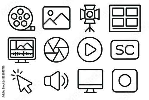 Film Icon Montage. Visual media linear icon set: film reel, photo, light stand, storyboard, editing screen, color filter, logo, subtitle icon, cursor, speaker, monitor, record