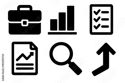 Bold Business Icons. Business evaluation silhouette icon set: briefcase, bar chart, checklist, document chart, magnifying glass, upward arrow