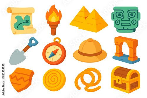 Ancient Treasures Icons. Ancient Exploration flat icon set: scroll map, torch, pyramid, artifact, shovel, compass, explorer hat, ruins arch, pottery shard, ancient coin, rope